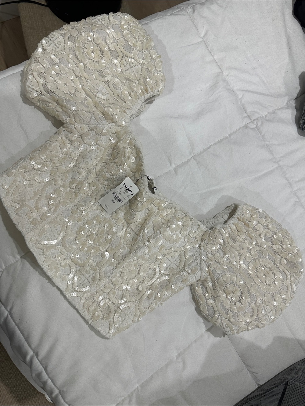 Express Cream Sequin Puff-Sleeve Dress Top